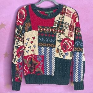 Bushwacker Vintage 90s Novelty Sweater Floral Roses Women’s Small Patchwork